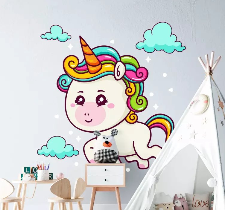Sticker pared infantil nubes de unicornio juguetonas - TenVinilo