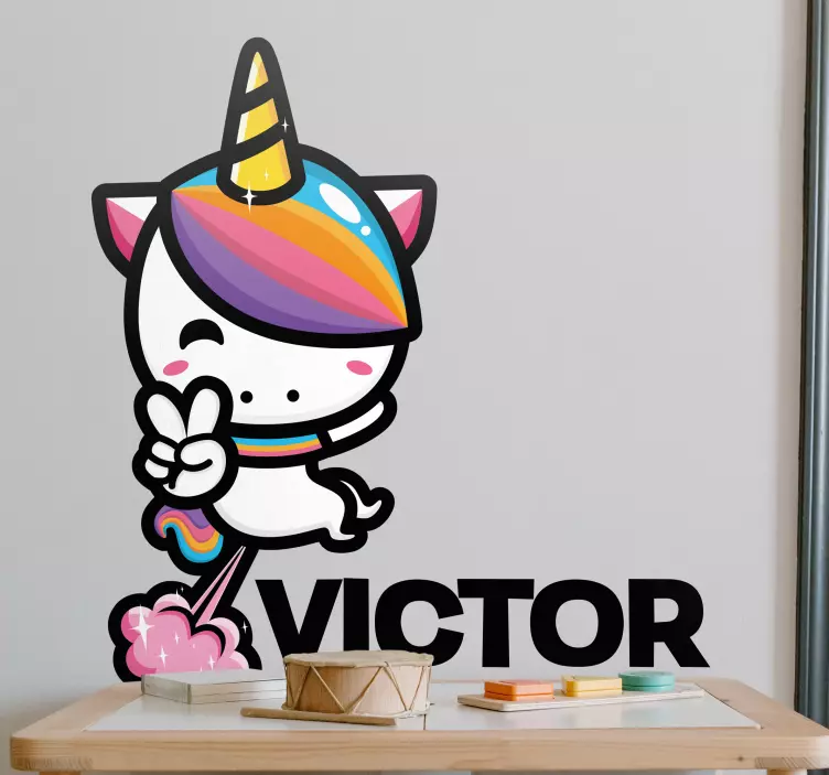 Sticker pared infantil unicornio genial con nombre - TenVinilo