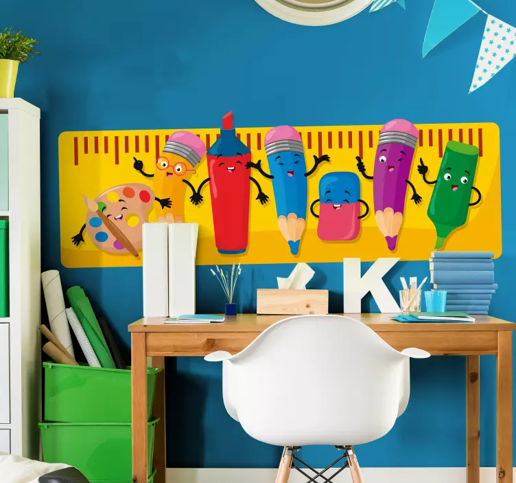 Sticker pared infantil personajes alegres de papelería - TenVinilo