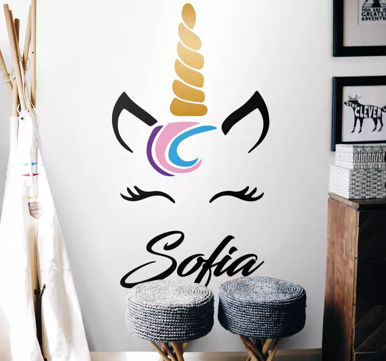 Sticker pared infantil personalización de cara de unicornio - TenVinilo