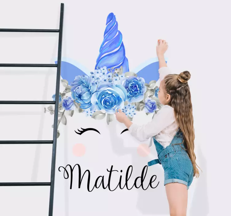 Sticker pared infantil tema floral de unicornio - TenVinilo