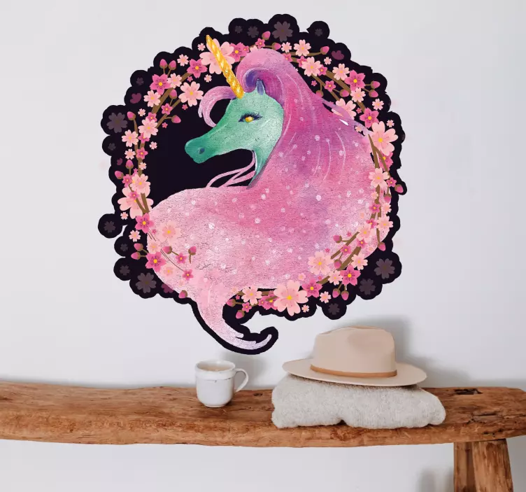 Vinilo infantil unicornio con corona floral - TenVinilo