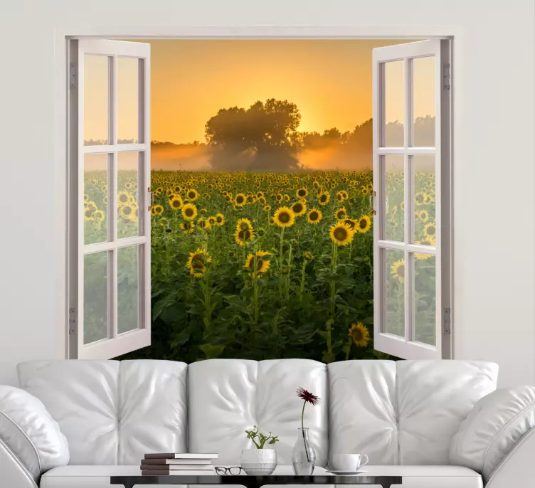Vinilo 3D campo de girasoles al atardecer - TenVinilo