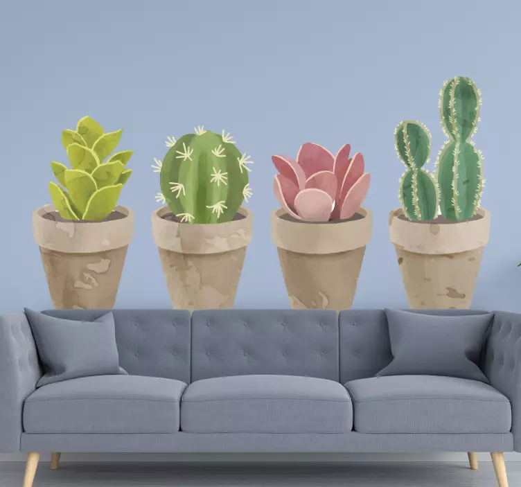 Vinilo flores Conjunto de cactus en macetas. - TenVinilo
