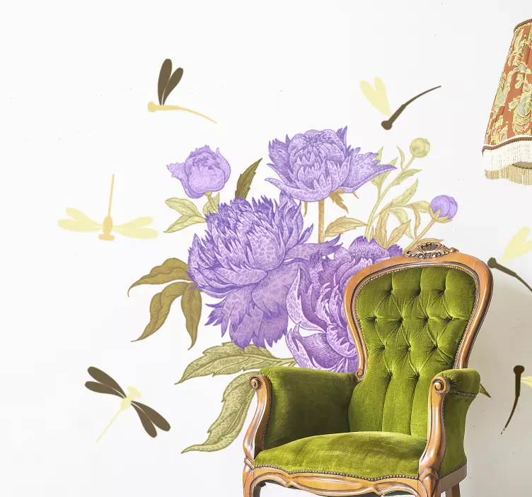 Vinilo flores peonías lilas y libélulas - TenVinilo