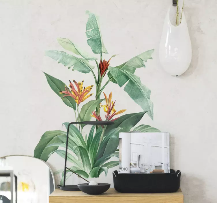 Vinilo para pared living hojas tropicales grandes - TenVinilo