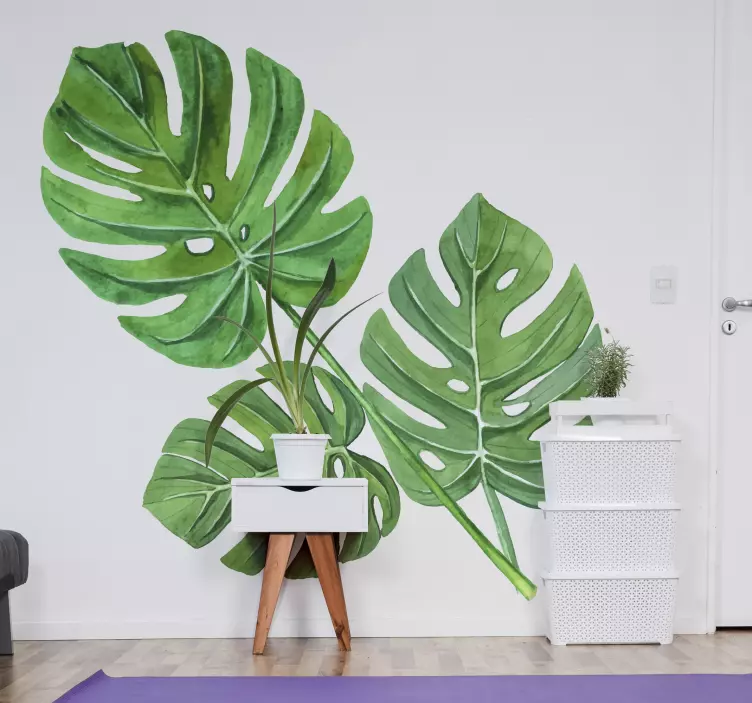 Vinilo para pared living planta hojas de acuarela monstera - TenVinilo