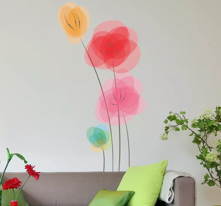 Vinilo pared salón flor amapolas de colores - TenVinilo