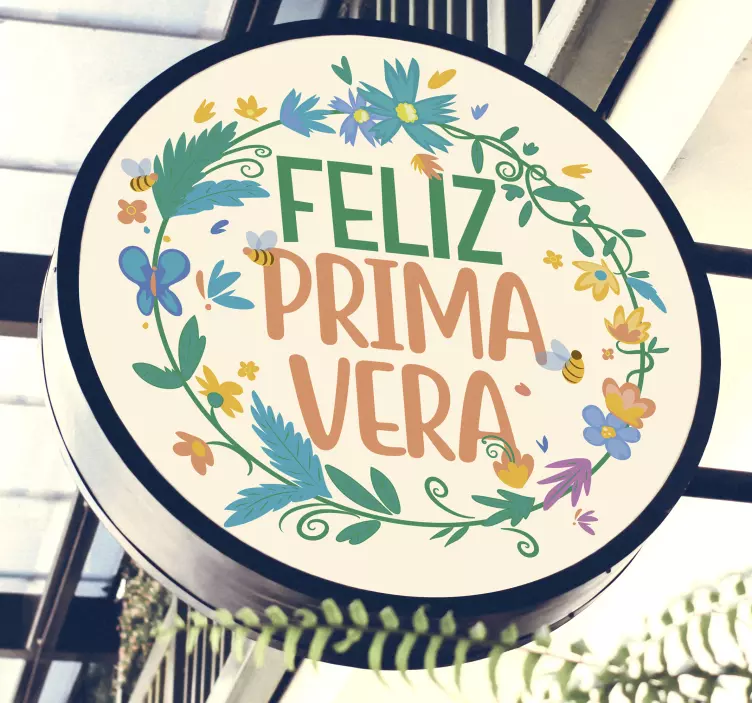 Vinilo decorativo corona de flores feliz primavera - TenVinilo