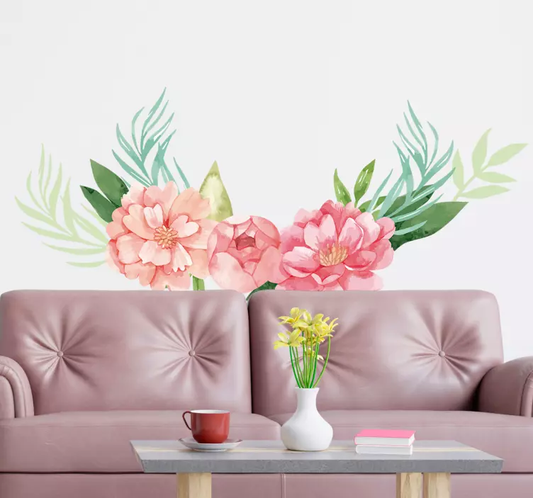 Vinilo para pared living flores rosas color pastel - TenVinilo