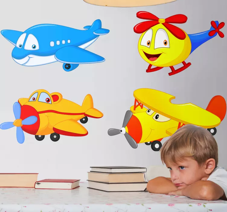 Vinilo ilustración Aviones y helicópteros con caras. - TenVinilo