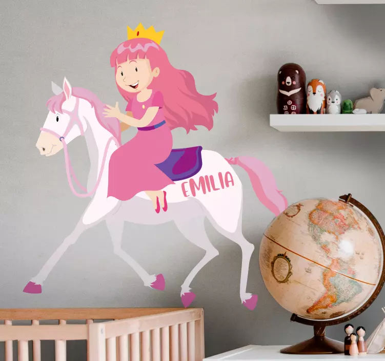 Vinilo ilustración Princesa rosa montando un caballo blanco - TenVinilo