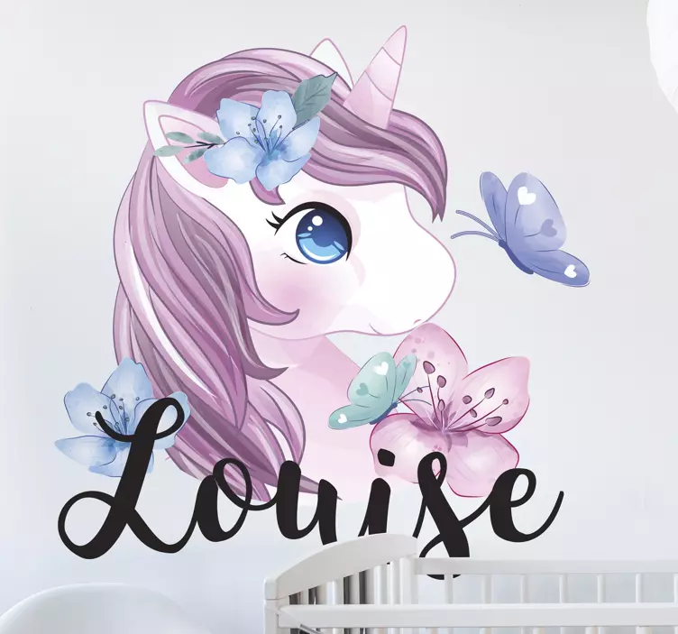 Vinilo personalizable Unicornio con mariposa - TenVinilo