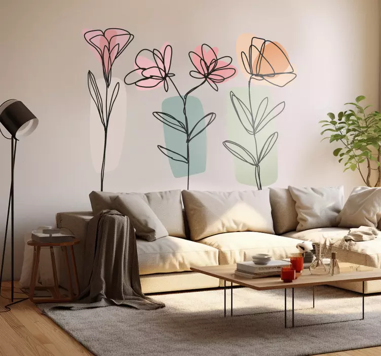 Vinilo para pared living flores de arte lineal - TenVinilo