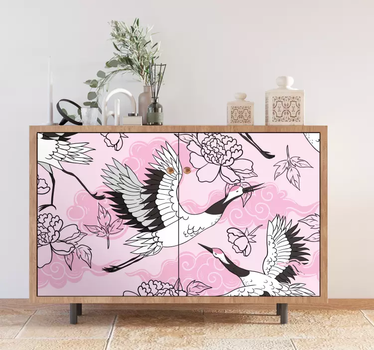 Vinilo para mueble grullas elegantes florales - TenVinilo