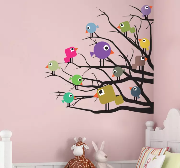 Vinilo infantil pájaros color ramas árbol - TenVinilo