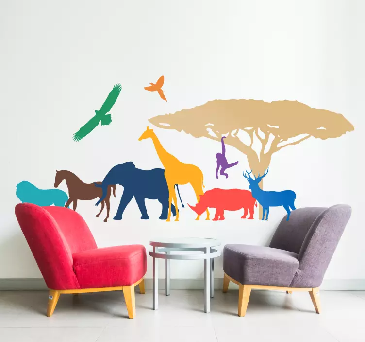 Vinilo infantil para pared de animales coloridos con árbol - TenVinilo