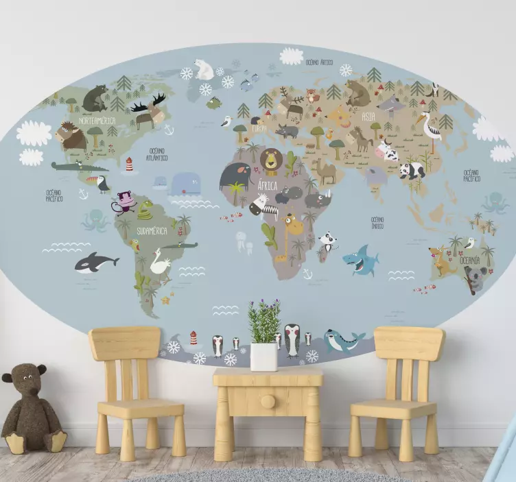 Vinilo mapamundi circular infantil tonos pastel - TenVinilo