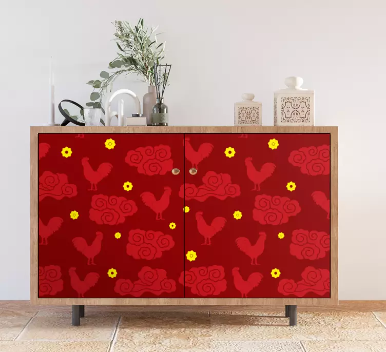 Vinilo para mueble Patrón de pollos estilo chino - TenVinilo