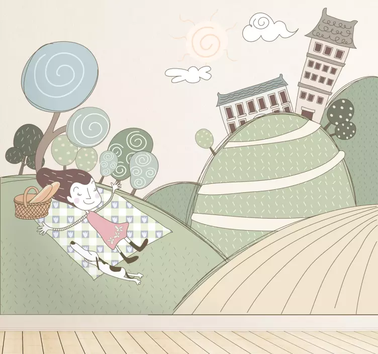 Vinilo ornamental chica alegre haciendo picnic - TenVinilo