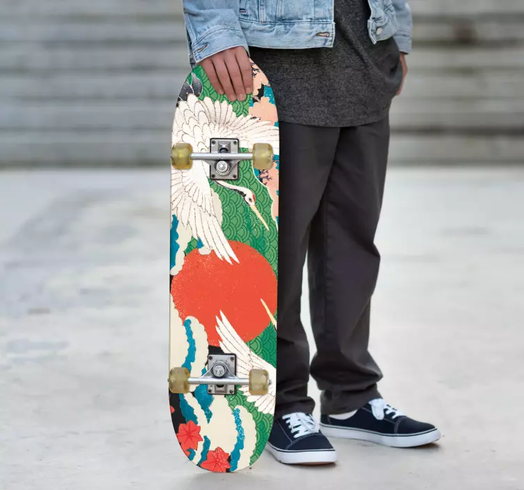 Sticker patineta grúas bajo el sol naciente - TenVinilo