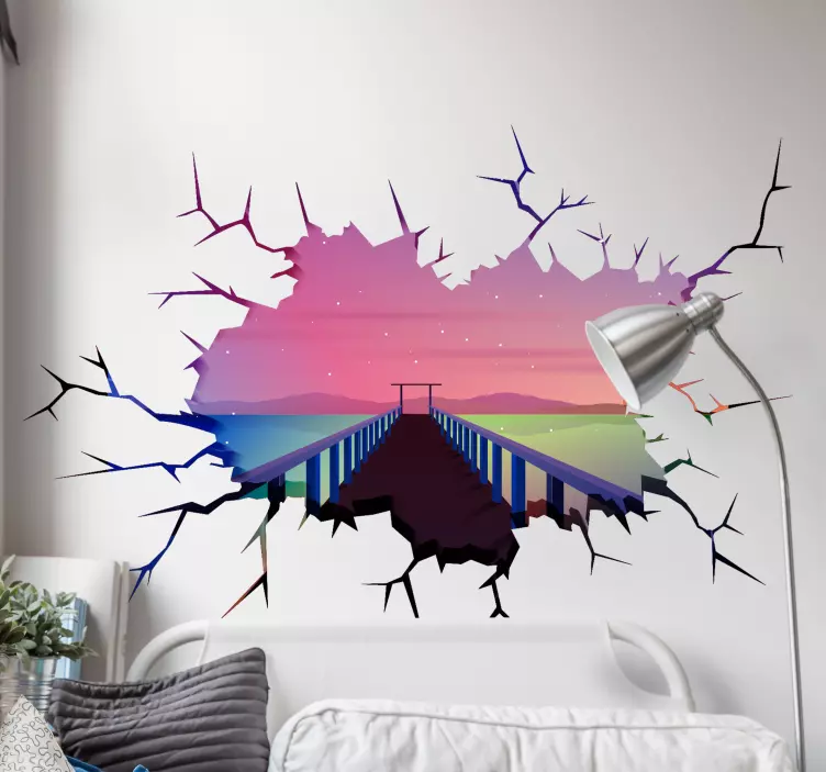 Vinilo 3D efecto visual puente en atardecer - TenVinilo