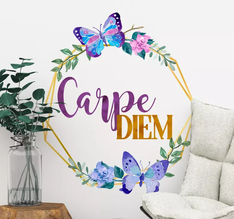 Vinilo pared frase Carpe Diem con flores y mariposas - TenVinilo