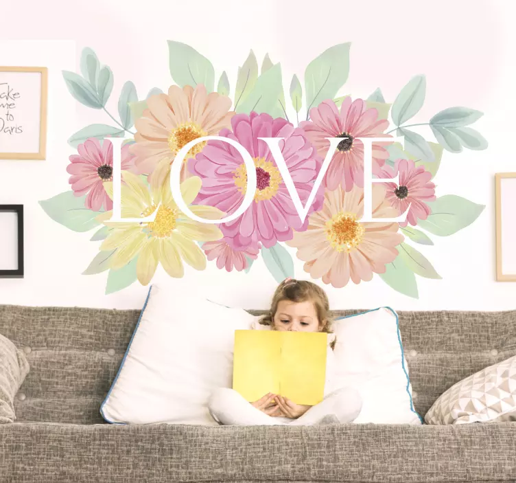 Vinilo pared frase love con flores - TenVinilo