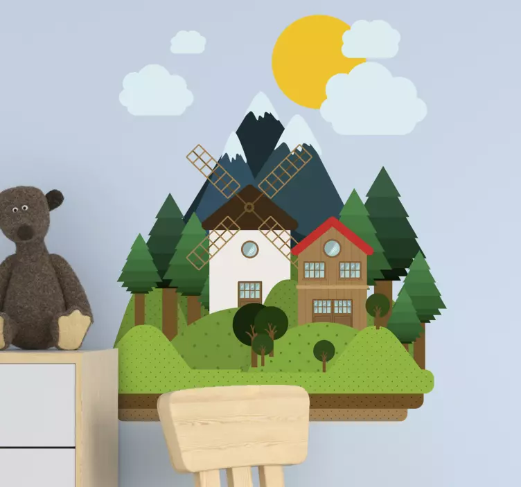 Vinilo infantil paisaje de montaña con casas - TenVinilo