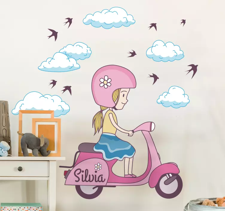 Vinilo personalizable infantil niña en moto - TenVinilo