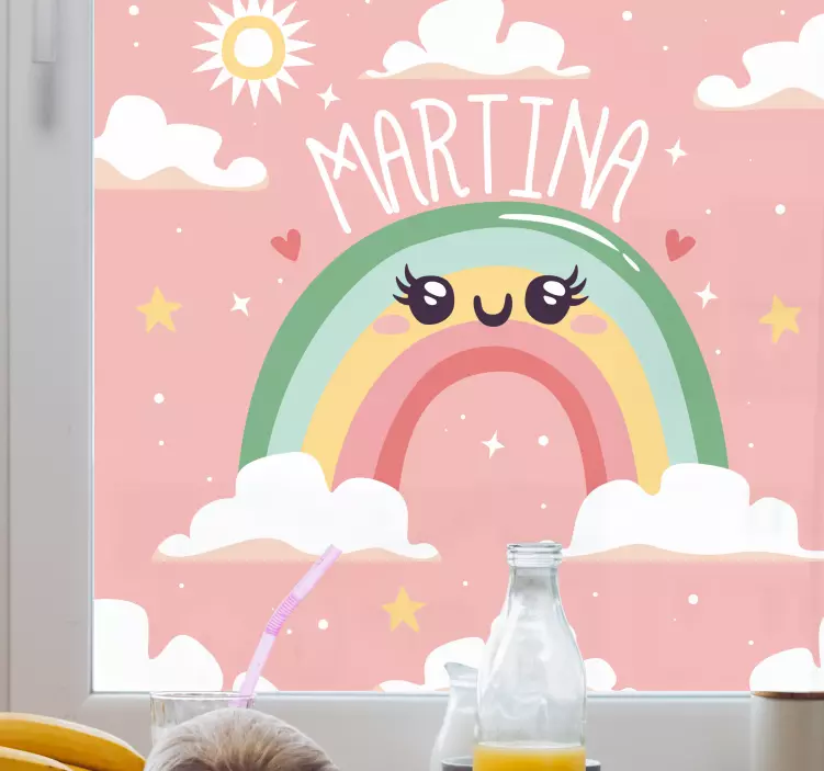 Vinilo para cristales Bonito arcoiris con nubes con nombre - TenVinilo