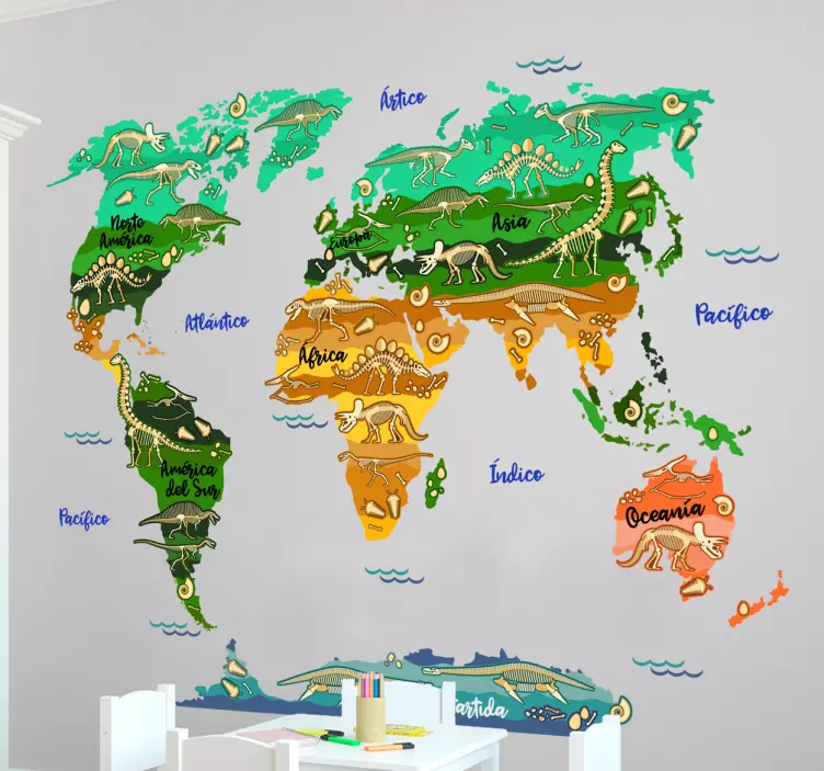 Vinilo mapamundi infantil dinosaurios tipos - TenVinilo