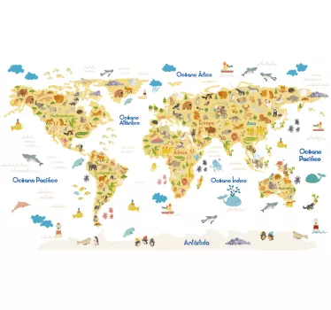 Vinilo mapa del mundo fauna - TenVinilo