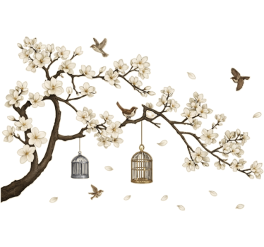 Vinilo para salón árbol floral con pájaros - TenVinilo