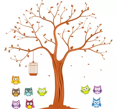 Vinilo infantil búhos de colores en árbol - TenVinilo