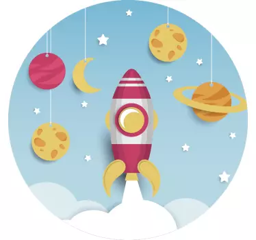 Vinilo para niños cohete y planetas sobre cielo - TenVinilo