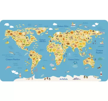 Vinilo mapamundi rectangular fauna infantil - TenVinilo