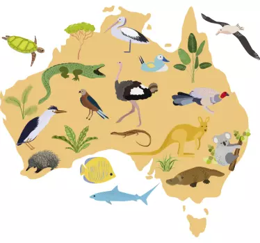 Vinilo pared mapamundi Australia con fauna - TenVinilo