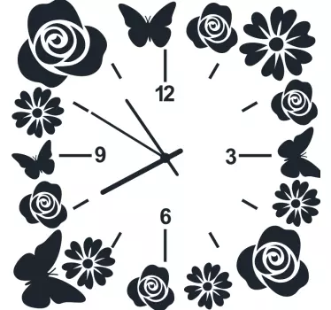 Reloj adhesivo pared de mariposas y flores - TenVinilo