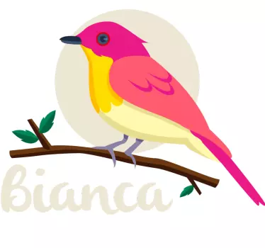 Vinilo bebés pájaro rosa en rama con nombre - TenVinilo
