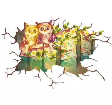 Vinilo decorativo ilustración Trompe l'oeil búhos paisaje - TenVinilo