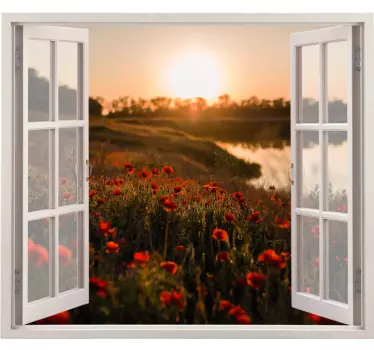 Vinilo 3D ventana campo de amapolas - TenVinilo