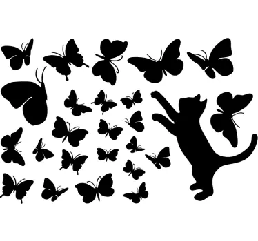 Pegatina gato jugando y mariposas - TenVinilo