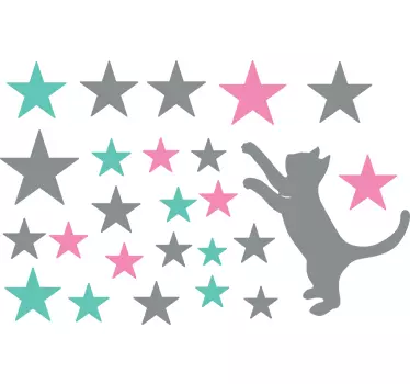 Vinilo para pared living gato cazando estrellas - TenVinilo
