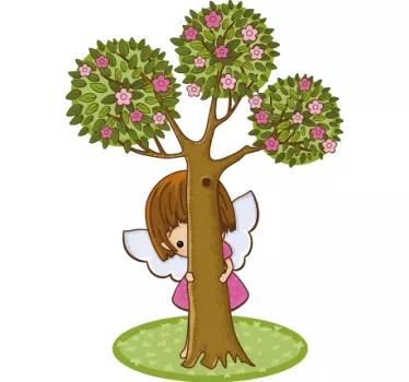 Vinilo infantil querubín detrás del árbol - TenVinilo