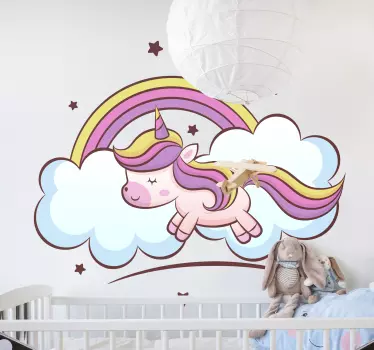 Vinilo pared infantil unicornio con arcoiris colorido - TenVinilo