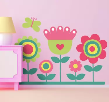 Adhesivo decorativo jardín y mariposa rosa - TenVinilo