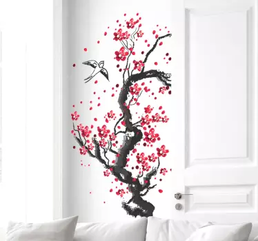 Árbol en vinilo de cerezo florecido con pájaro - TenVinilo