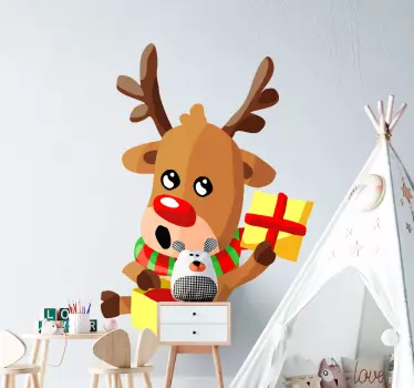 Pegatina navidad ciervo navideño con regalo - TenVinilo