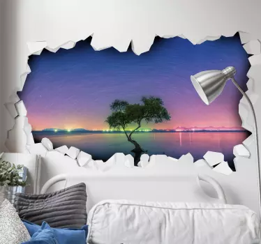 Vinilo pared 3d paisaje árbol zen en amanecer - TenVinilo